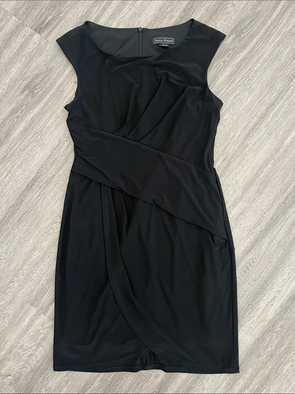 Jessica Howard Black Sleeveless Draped Faux-Wrap Midi Dress